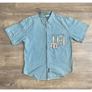 Port and Company‎ Vintage Chambray Shirt Blue Large Lg Button Down Short sleeve
